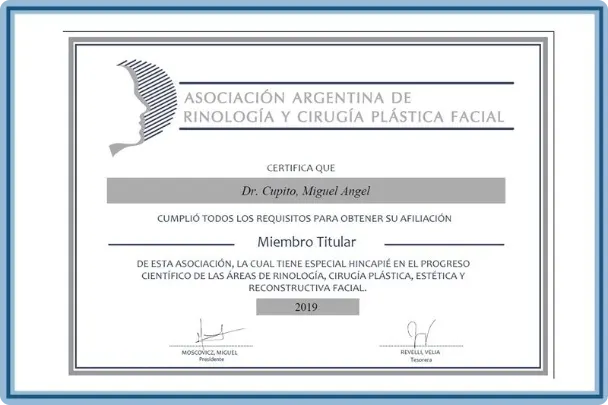 Certificado Miembro Titular — Asociación Argentina de Rinología y Cirugía Plástica Facial, 2019